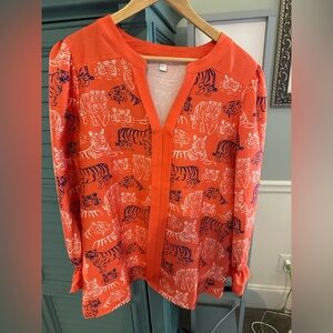 Women’s size L Boutique Bright Orange Tiger Print Long-Sleeve Top White/Blue